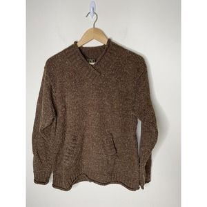 Vintage Sweater Womens Large VNeck Wool Blend Kangaroo Pocket Brown In Knit